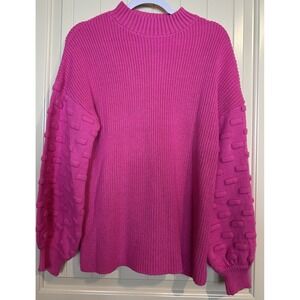 Women's Bobble Stitch Puff Sleeve Pullover Sweater Mock neck‎ Pink Sz L GUC